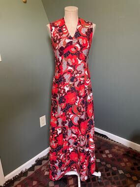 Vintage Jeunesse by Hannemar Sleeveless Red Orange Print Dress.